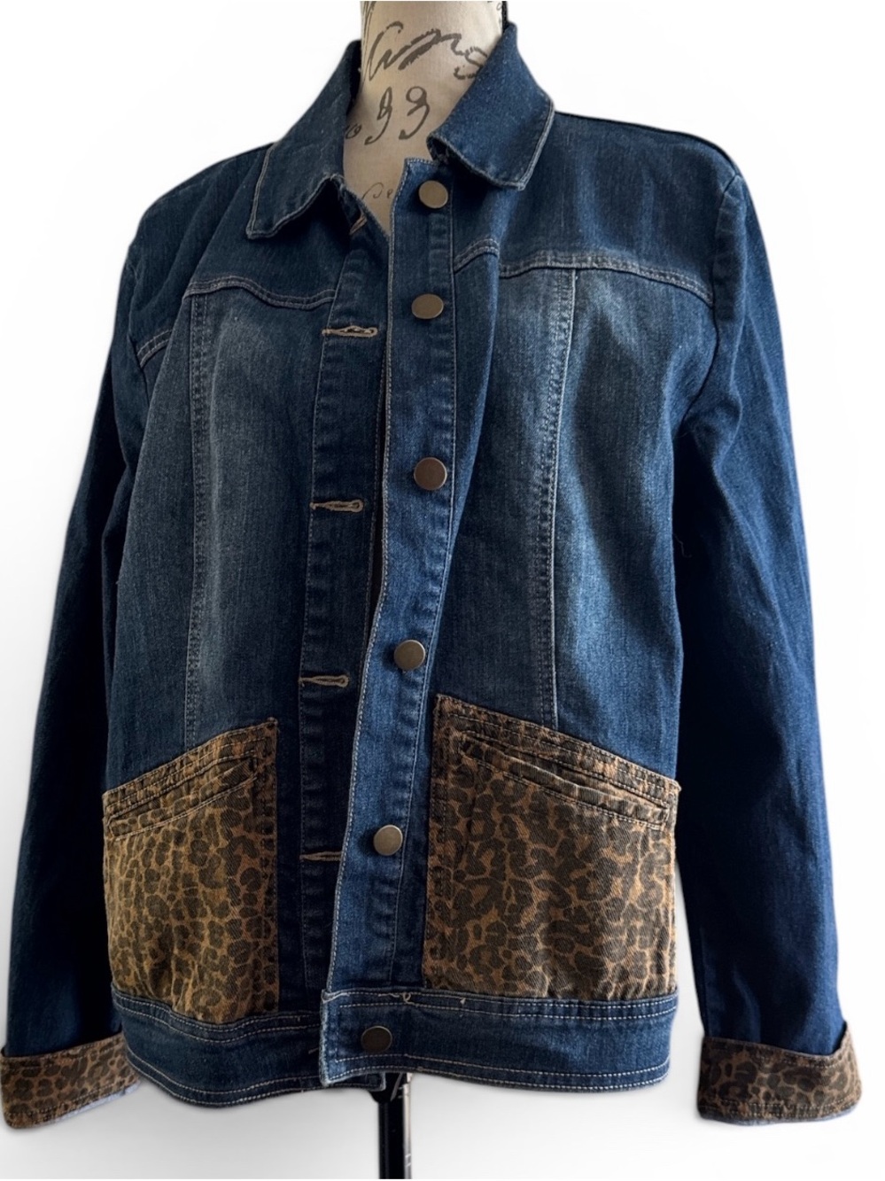 Back in the Saddle Dark Blue Denim Jacket with Leopard Print Pocket Details